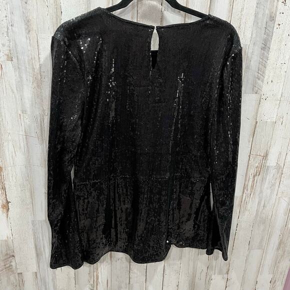 INC Black Sequin 3/4 Sleeve Faux Wrap Top Womens Large New Years Eve Date - Picture 4 of 7